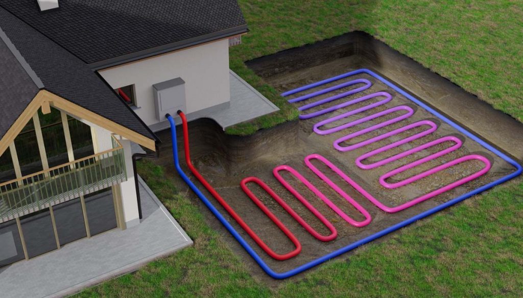 Illustratie van een geothermische warmtepomp. 